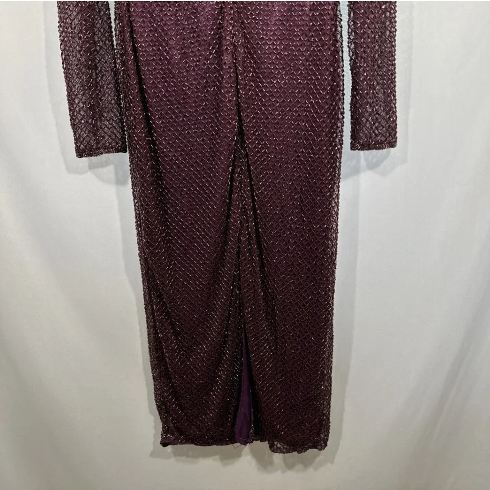 NEW $398 Mac Duggal [ 10‎ ] Bugle Beaded Long Sleeve Midi Dress Abergine #Q487 - Picture 13 of 15